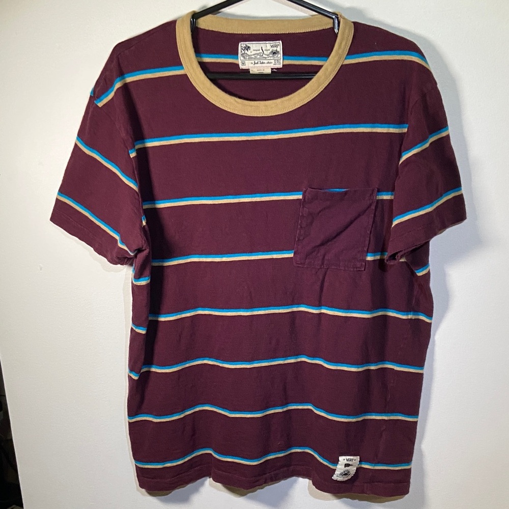 VTG 90 Vans Joel Tudor collab Maroon Tee with Gold and Blue Stripes One stitch M
